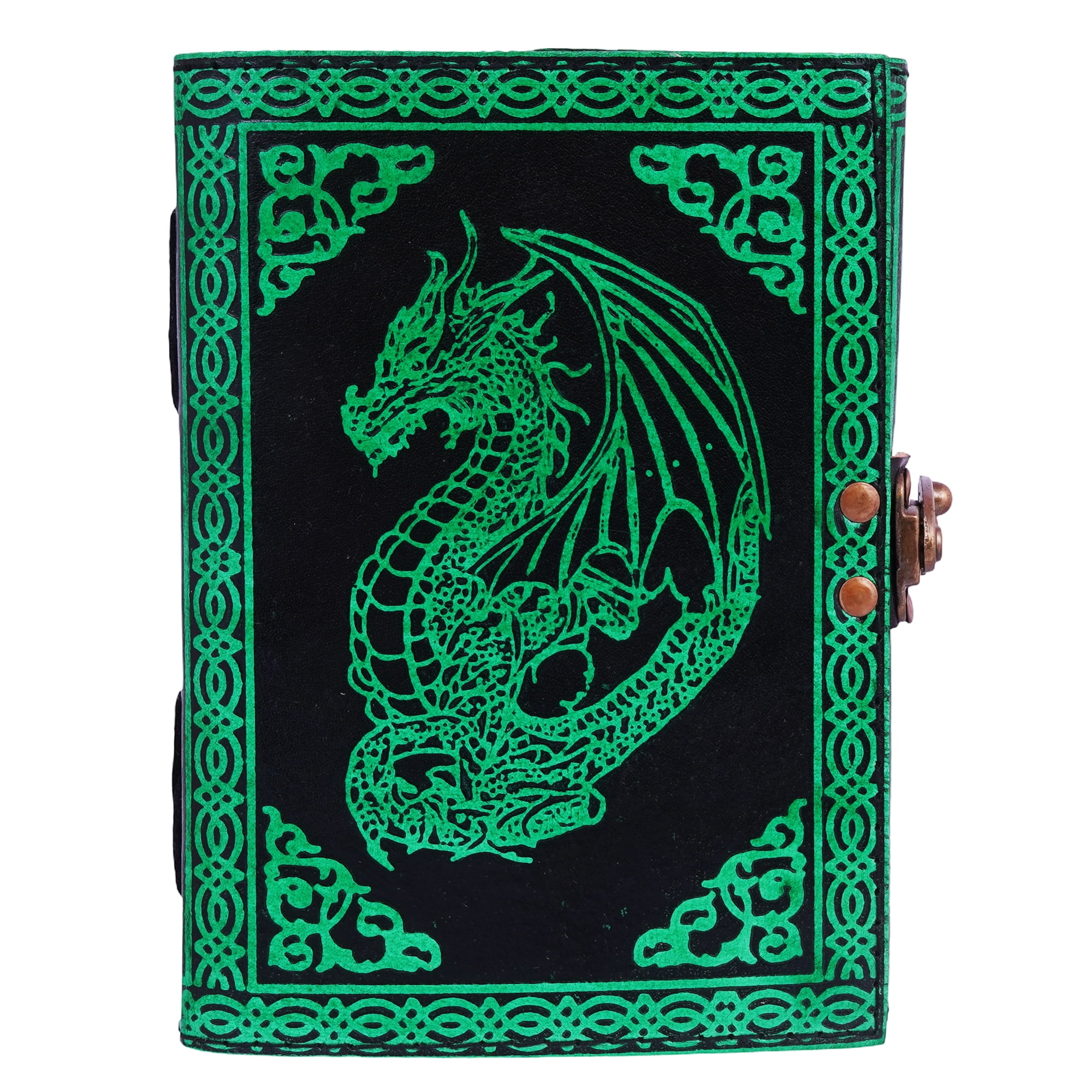 Ancient Green Dragon Protector Embossed Leather Journal, Magical Fantasy Inspired, For Art and Writing, Handmade Linen Parchment Paper, Metal Swing Closure, 7"x5""