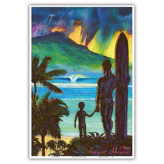Ancient Hawaii - Hawaiian Surfer with Keiki Son - Vintage Hawaiian Travel Poster by Rick Sharp - Master Art Print (Unframed) 13in x 19in