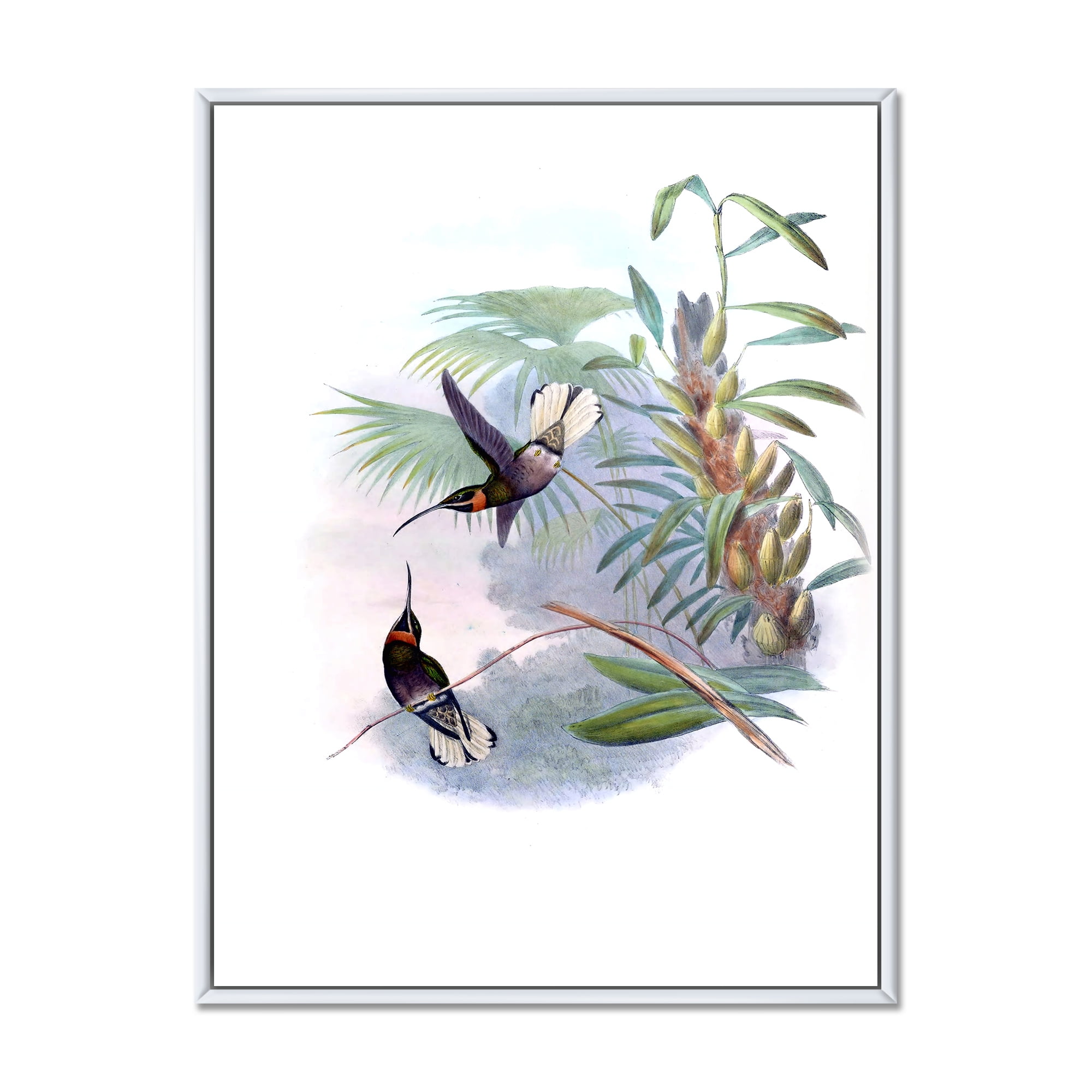 Ancient Hummingbird On A Branch 24 in x 32 in Framed Painting Canvas Art Print, by Designart