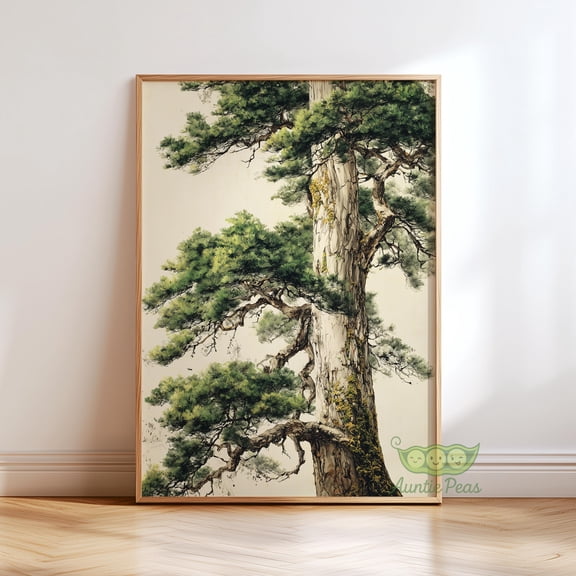 Ancient Japanese Pine Tree Wall Art, Zen Nature Print, Oriental Botanical Poster, Vintage Forest Painting, Calm Japandi Home Artwork, Poster Only