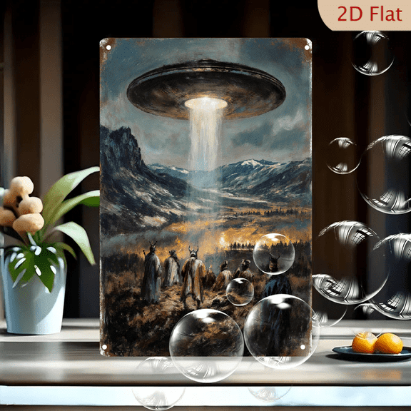 Ancient Kings Witness UFO 8x12 Inch Metal Wall Art, Dramatic Biblical Sci-Fi Painting with Beaming Spaceship, Apocalyptic Romantic Landscape Decor for Living Room