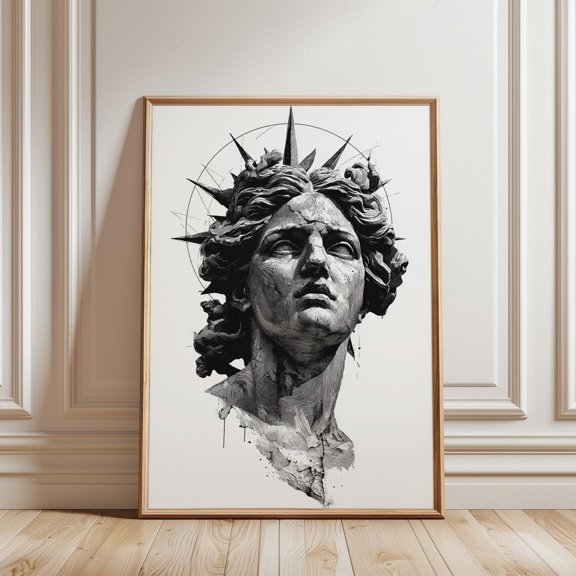 Ancient Marble Statue Portrait With Spiked Crown Dramatic Monochrome Wall Art Print Decor, Unframed Paper Print