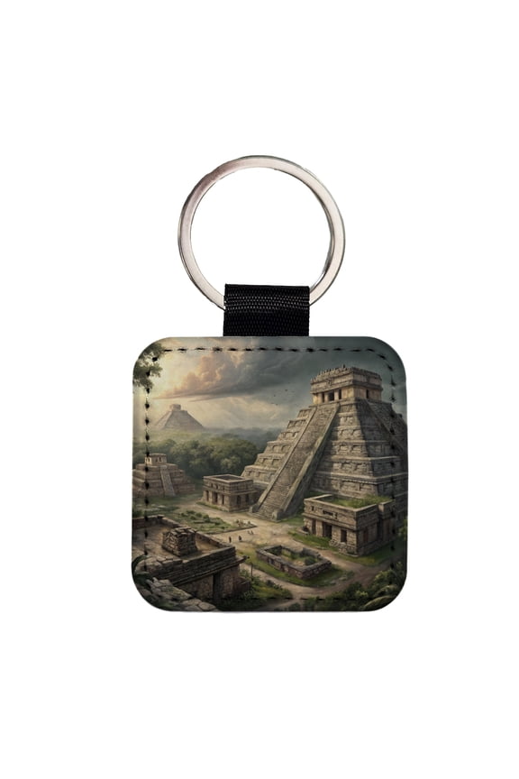 Ancient Maya Temples Step Pyramids Faux Leather Square Keychain