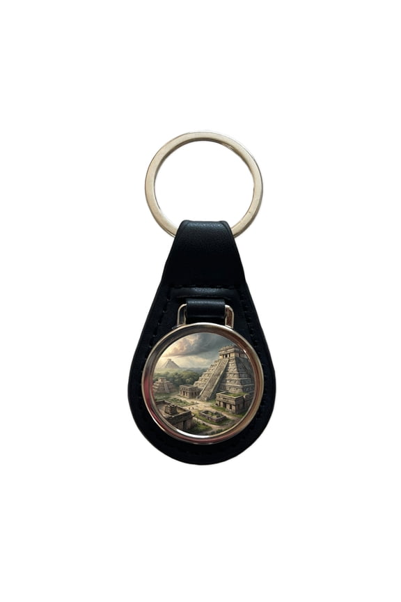 Ancient Maya Temples Step Pyramids Metal Black Leather Keychain