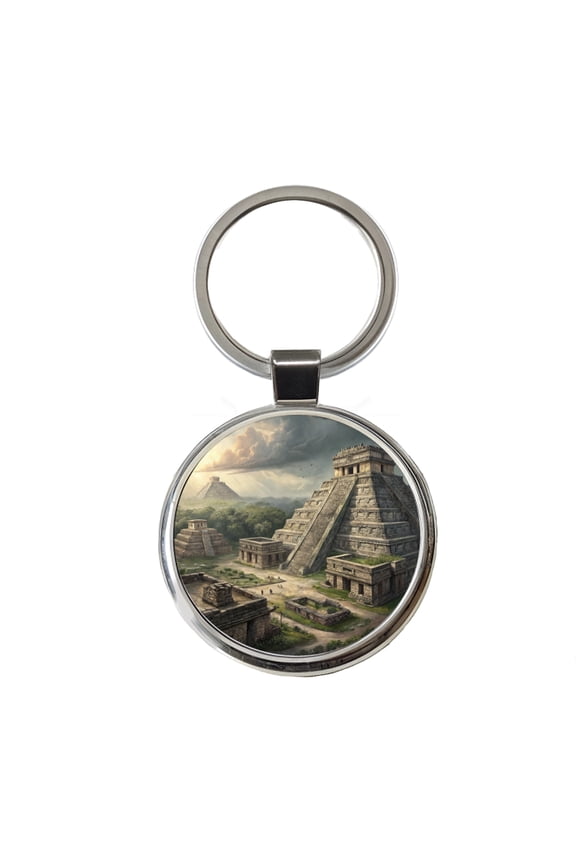 Ancient Maya Temples Step Pyramids Metal Round Keychain