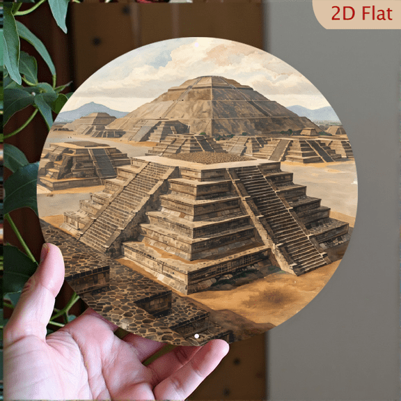 Ancient Mesoamerican Pyramid City Wall Art, 8x8 Inch Round Aluminum Metal Print, Teotihuacan Historical Architectural Decor for Living Room or Office