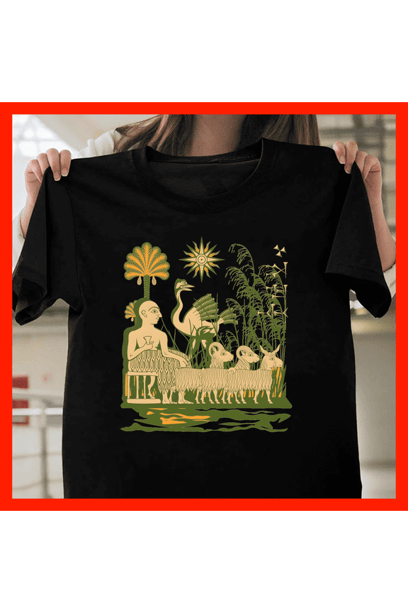 Ancient Mesopotamian Art T-Shirt Stylized Camel & Sheep Graphic Tee Historical Egyptian Inspired Apparel Unique Cultural Design F901, for men and women, S