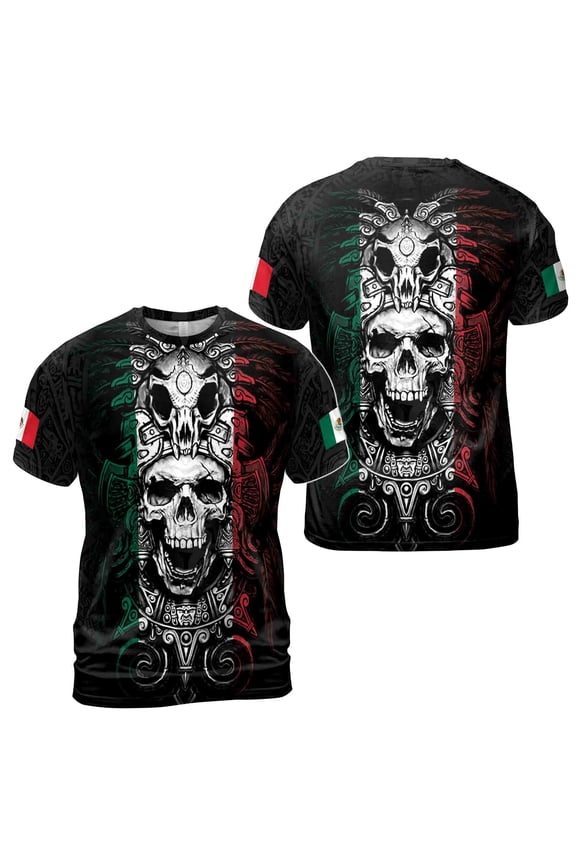 Ancient Mexico Skull Aztec Tattoo Tribal Pattern Grunge Men's T-shirt S-5XL