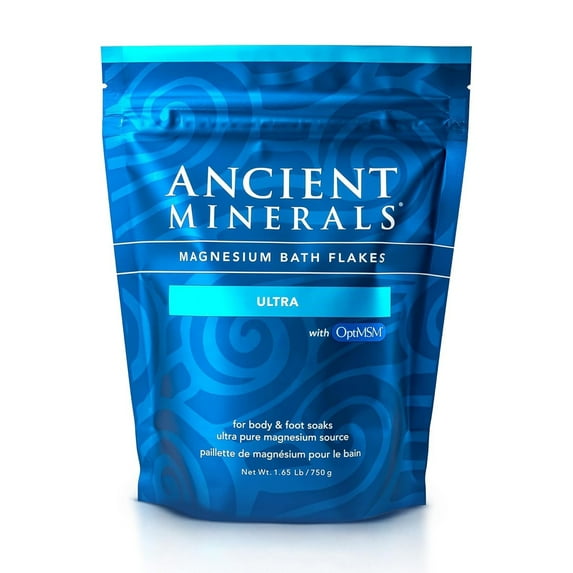 Ancient Minerals Magnesium Bath Flakes Ultra with OptiMSM for Post-Workout Soak, Unscented, 1.65 lbs