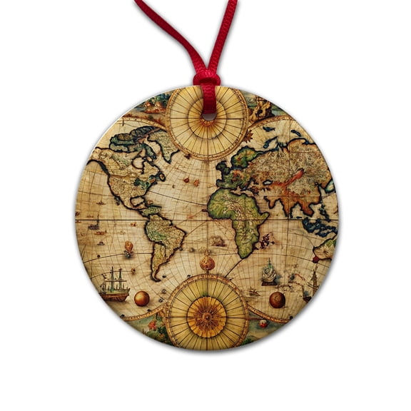 Ancient Nautical World Maritime Map Christmas Tree Holiday Round Ceramic Ornament
