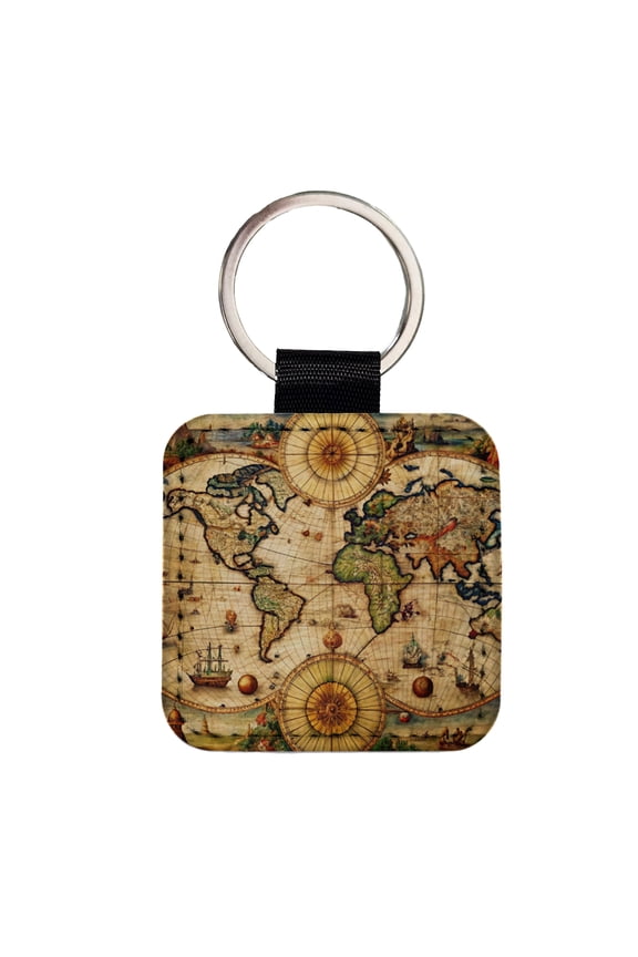 Ancient Nautical World Maritime Map Faux Leather Square Keychain
