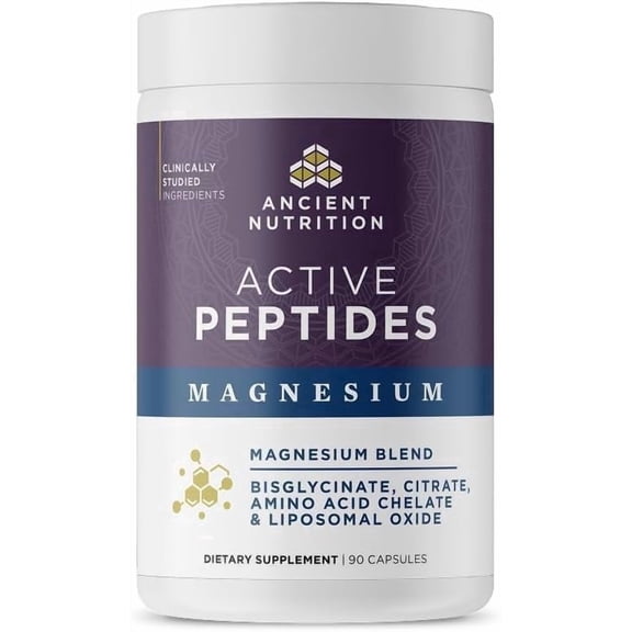 Ancient Nutrition Active Peptides Magnesium Capsules, Bisglycinate & Citrate, Sleep, Stress & Muscle Health Support, 90 Count