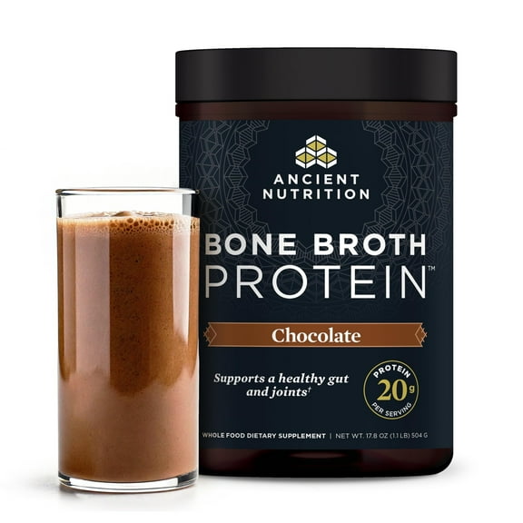 Ancient Nutrition Grass Fed, Cage Free, Bone Broth Protein Powder, 20g Protein, Hydrolyzed Collagen Peptides, Keto & Paleo Friendly, Supports Joint, Gut Health, Chocolate, 20 Servings