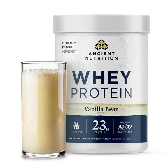 Ancient Nutrition Grass Fed Whey Protein, Vanilla Bean, 23g Protein, 20 Servings, Hydrolyzed Collagen Peptides, Organic Regenerative A2/A2 Milk Protein