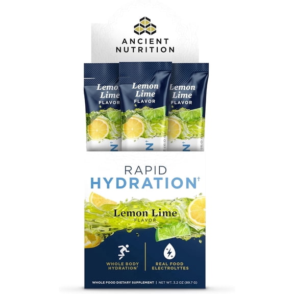 Ancient Nutrition Rapid Hydration Powder, Lemon Lime, Electrolytes from Natural Sea Salts and Red Marine Algae, Supports Rapid Body Hydration and Cellular Health, 15 Servings