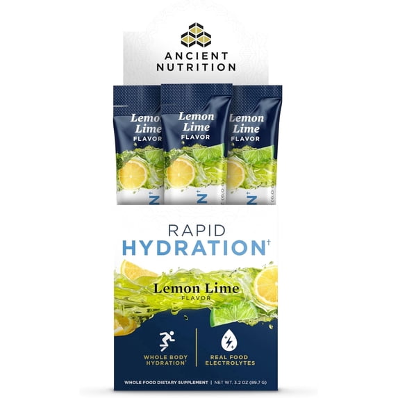 Ancient Nutrition Rapid Hydration Electrolyte Powder, Lemon Lime, Sea Salt & Red Marine Algae, Hydration & Cellular Health, 15 Servings