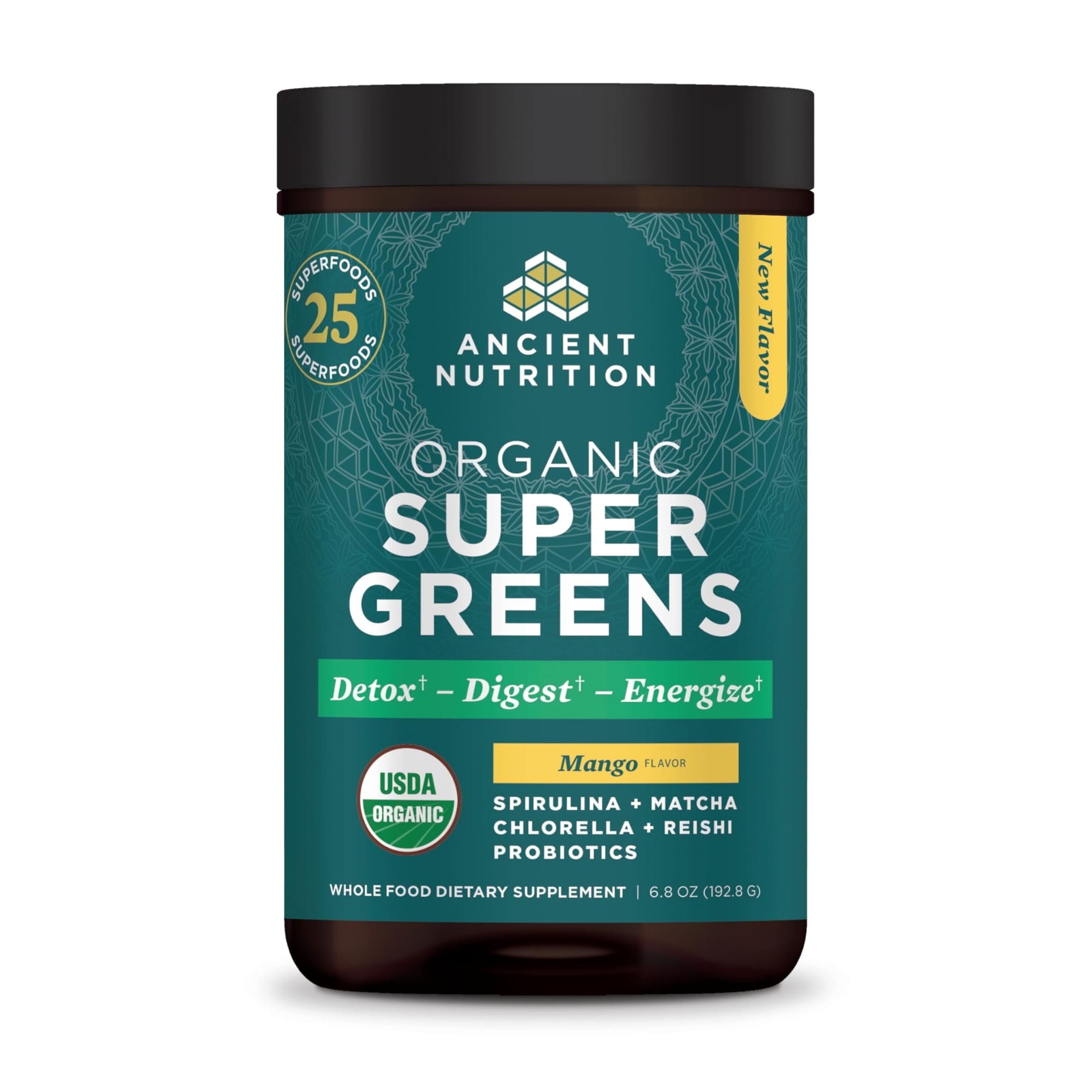 Ancient Nutrition SuperGreens Powder with Probiotics, Organic Mango Flavor Greens, Made from Real Fruits, Vegetables and Herbs, Digestive and Energy Support, 25 Servings, 6.8oz