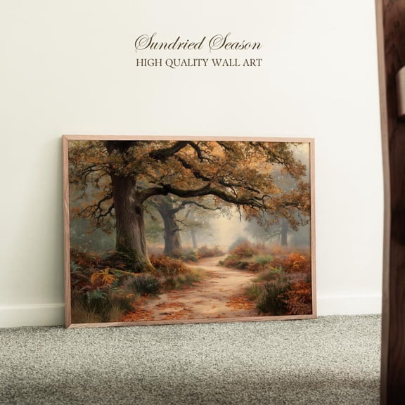 Ancient Oak Tree Path Misty Autumn Forest English Countryside Woodland