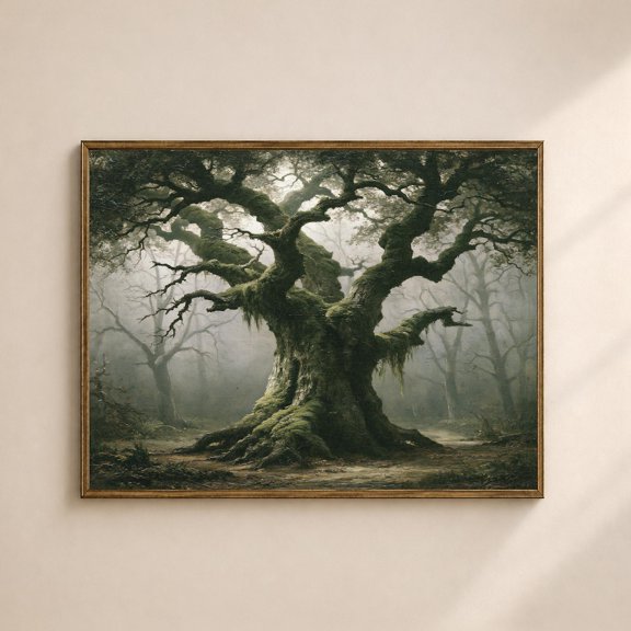 Ancient Oak Tree Wall Art Print Foggy Woodland Decor