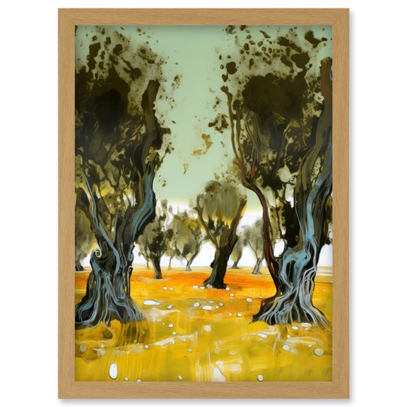 Ancient Olive Tree Grove Mediterranean Landscape Artwork Framed Wall Art Print A4