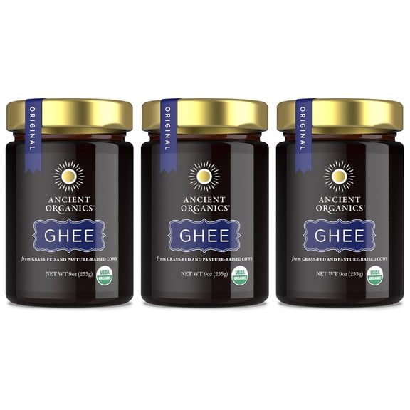 Ancient Organics Ghee - GGA1 Organic Grass Fed Ghee Butter, Gluten Free, Clarified Butter, Vitamins & Omegas, Lactose Reduced, Kosher, USDA Certified - 9 Oz (Pack of 3)