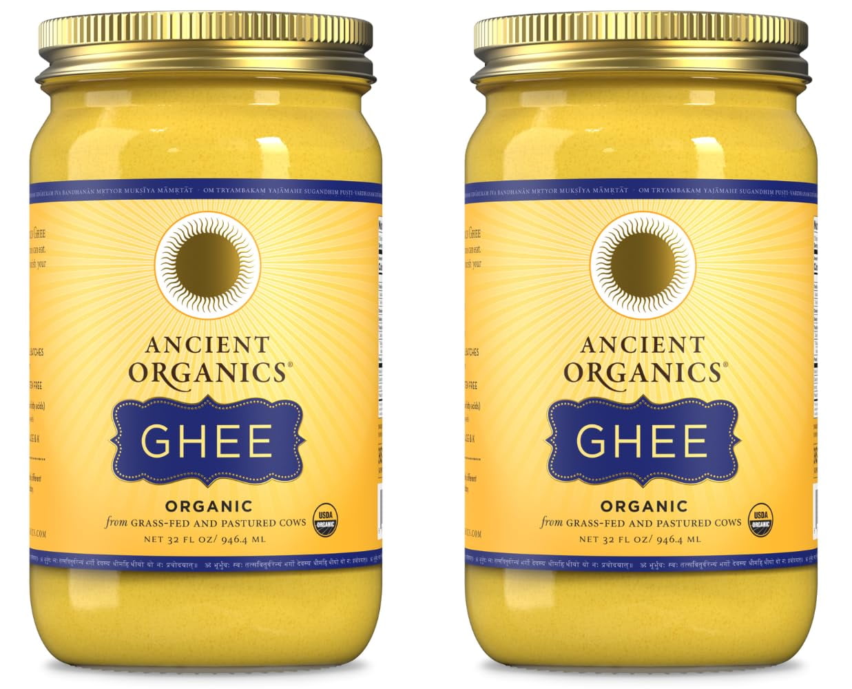 Ancient Organics Ghee - Gluten-Free Grass-Fed COC1Clarified Kosher Vegetarian Ghee Butter with Vitamins & Omegas, Non-GMO, Lactose Free, 100% USDA Certified Organic, Made in USA - 32 Fl Oz 2-Pack