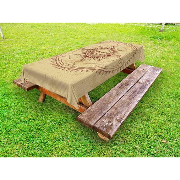 Ancient Outdoor Tablecloth, Roman Sculpture Style Face in Circle like Radiating Sun Antique Image Artwork, Decorative Washable Fabric Picnic Table Cloth, 58 X 84 Inches,Pale Brown, by Ambesonne