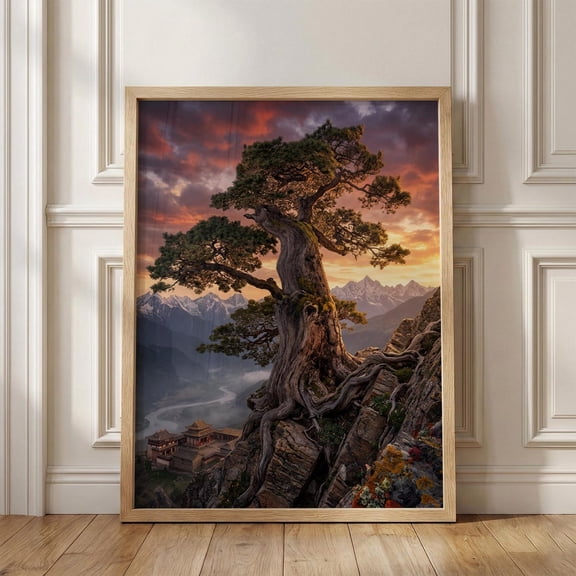 Ancient Pine Tree Mountain Sunset Japanese Zen Botanical Decor, Stretched Canvas