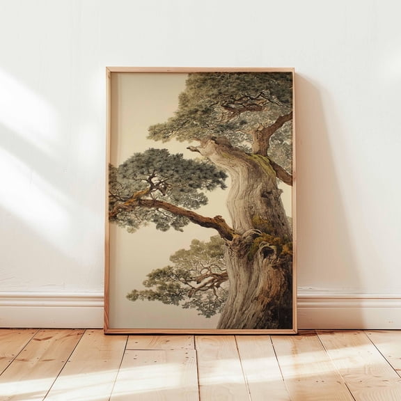 Ancient Pine Tree Wall Art, Japanese Nature Poster Print, Zen Botanical Decor, Oriental Tree Painting, Unframed Calm Forest Artwork