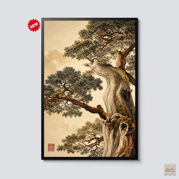 Ancient Pine Tree Wall Art Japanese Nature Rustic Woodland Decor Japandi Botanical Artwork Zen Forest
