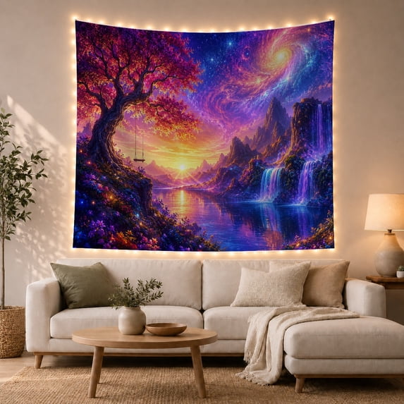 Ancient Pink Tree Over Cosmic Lake and Waterfalls, Mystical Psychedelic for Space Lovers, Cosmic Landscape Art, Housewarming Gift, Tapestry Wall Hanging for Bedroom and Studio