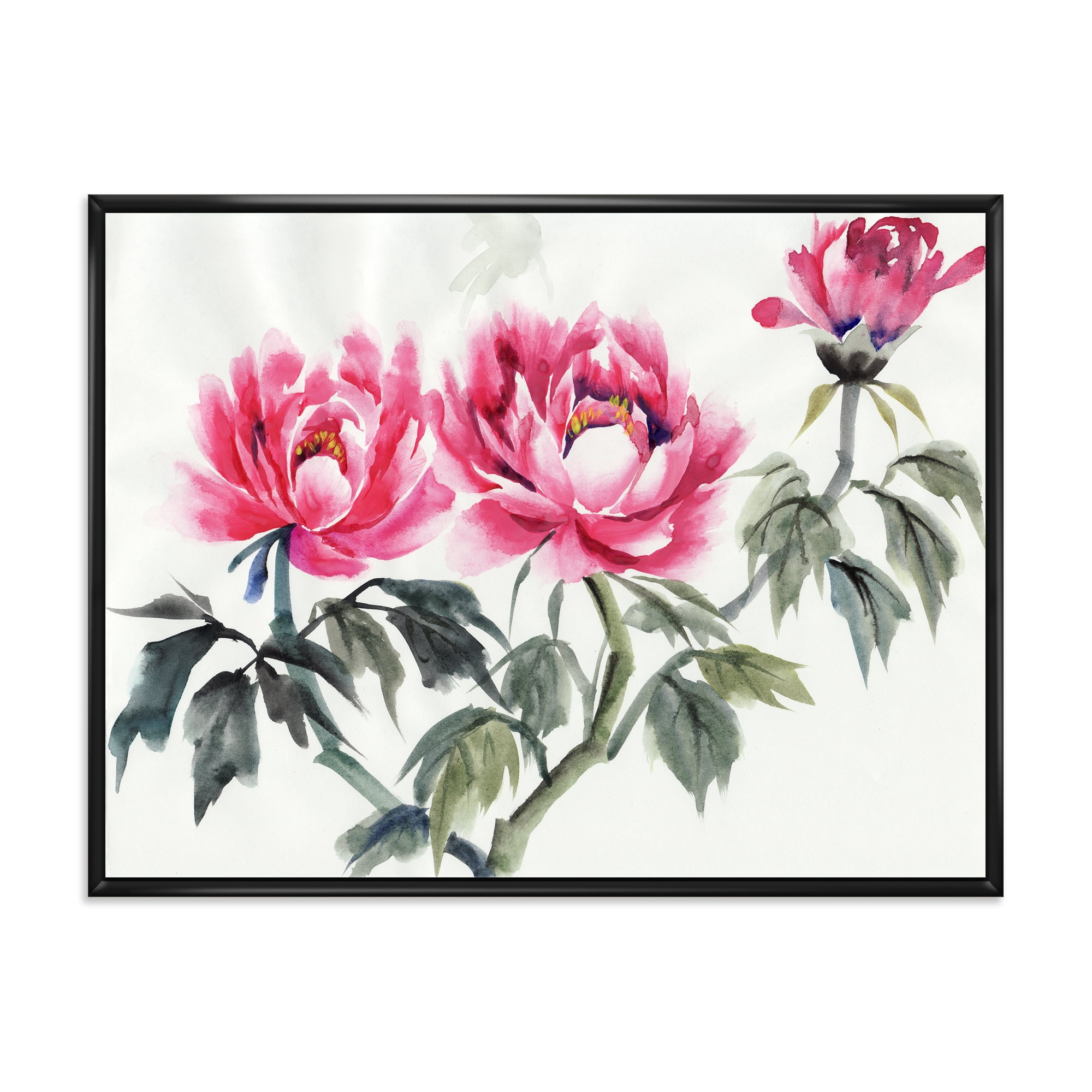 Ancient Purple Peonies Branch 32 in x 16 in Framed Painting Canvas Art Print, by Designart