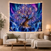 Ancient Purple Tree Between Aurora Waterfalls, Serene Fantasy Style For Nature Lovers, Aurora Wall Art, Housewarming Gift, Tapestry Wall Hanging For Bedroom, Living Room And Dorm