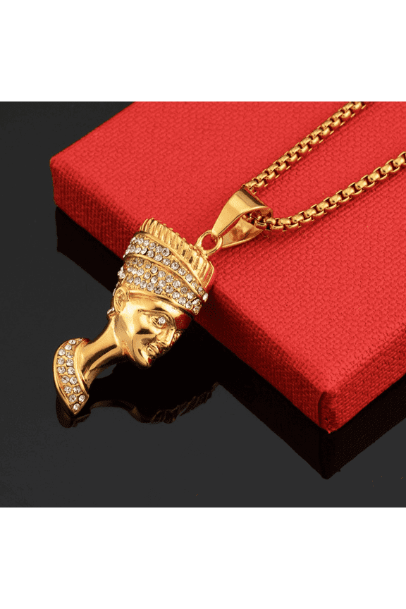 Ancient Queen Egyptian Pendant Necklaces 14k Yellow Gold Egypt Nefertiti Head Portrait Jewelry African