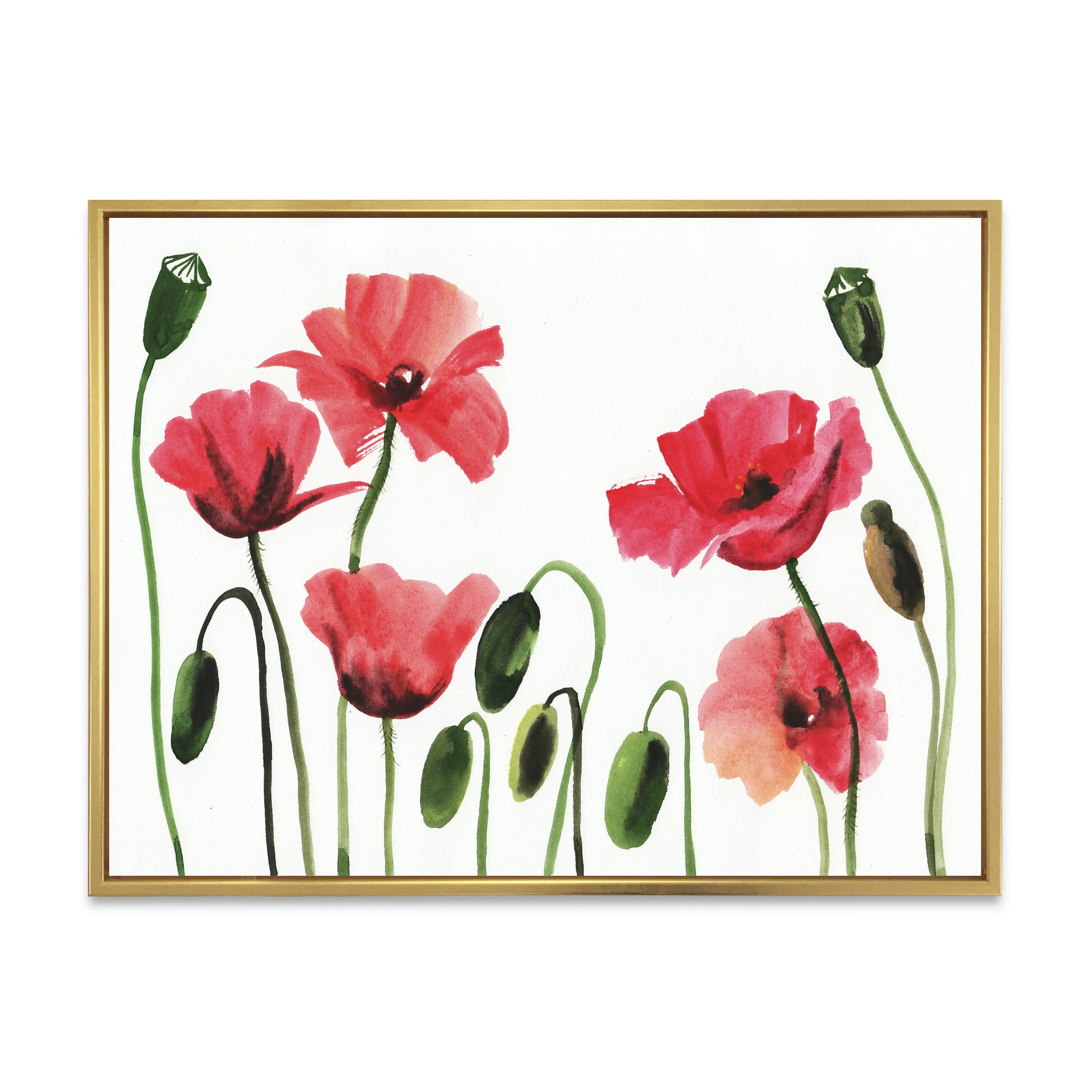 Ancient Red Blooming Poppies 32 in x 16 in Framed Painting Canvas Art Print, by Designart