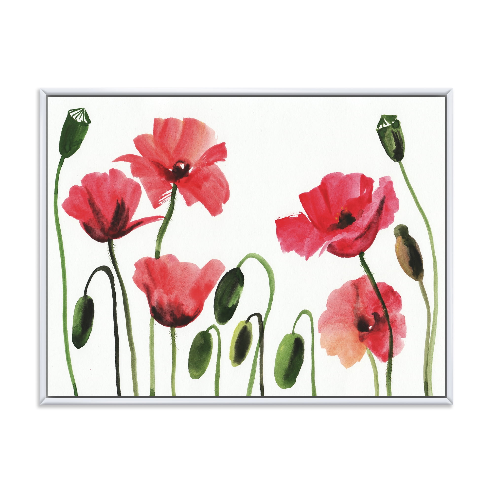 Ancient Red Blooming Poppies 40 in x 30 in Framed Painting Canvas Art Print, by Designart