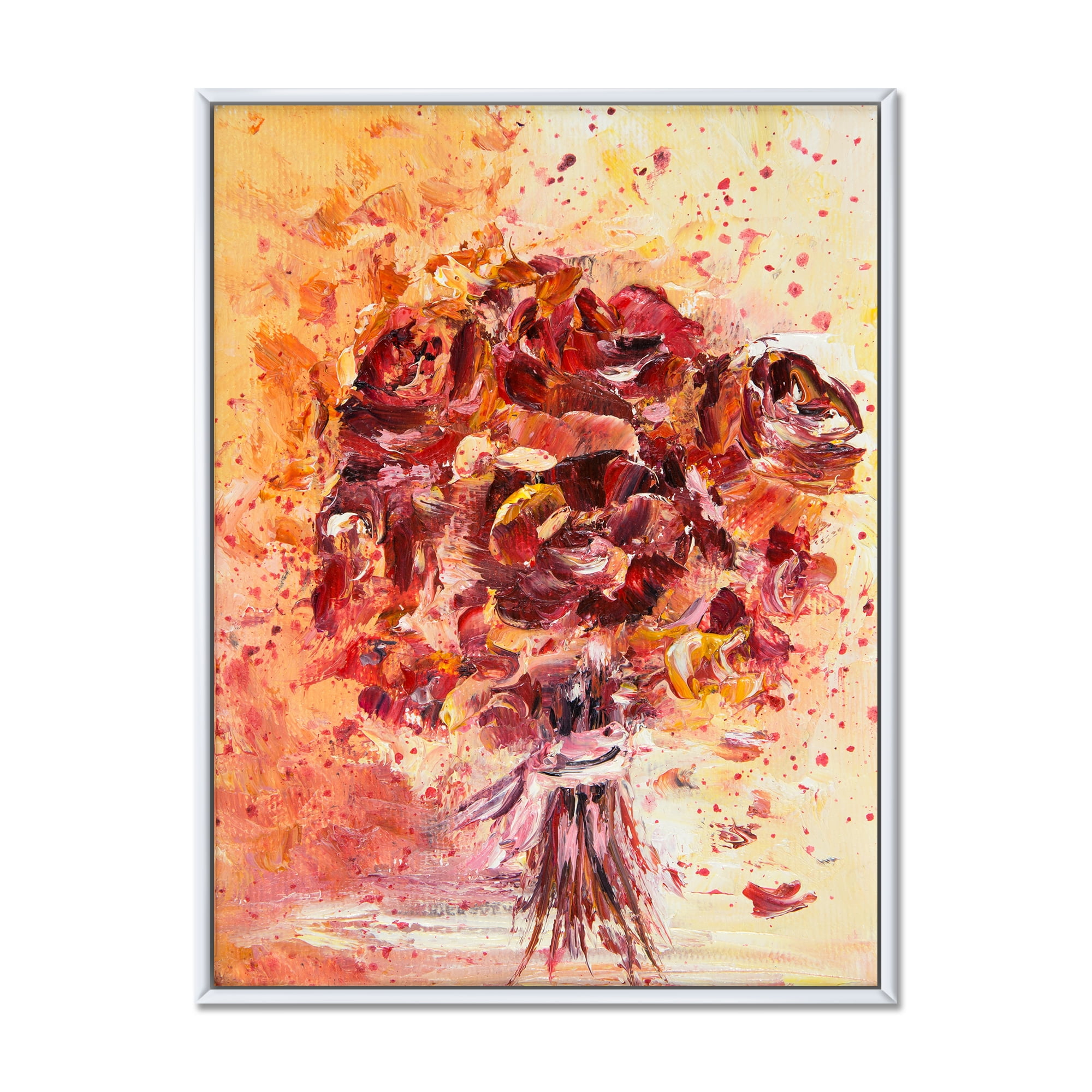 Ancient Red Fresh Flowers Bouquet 30 in x 40 in Framed Painting Canvas Art Print, by Designart