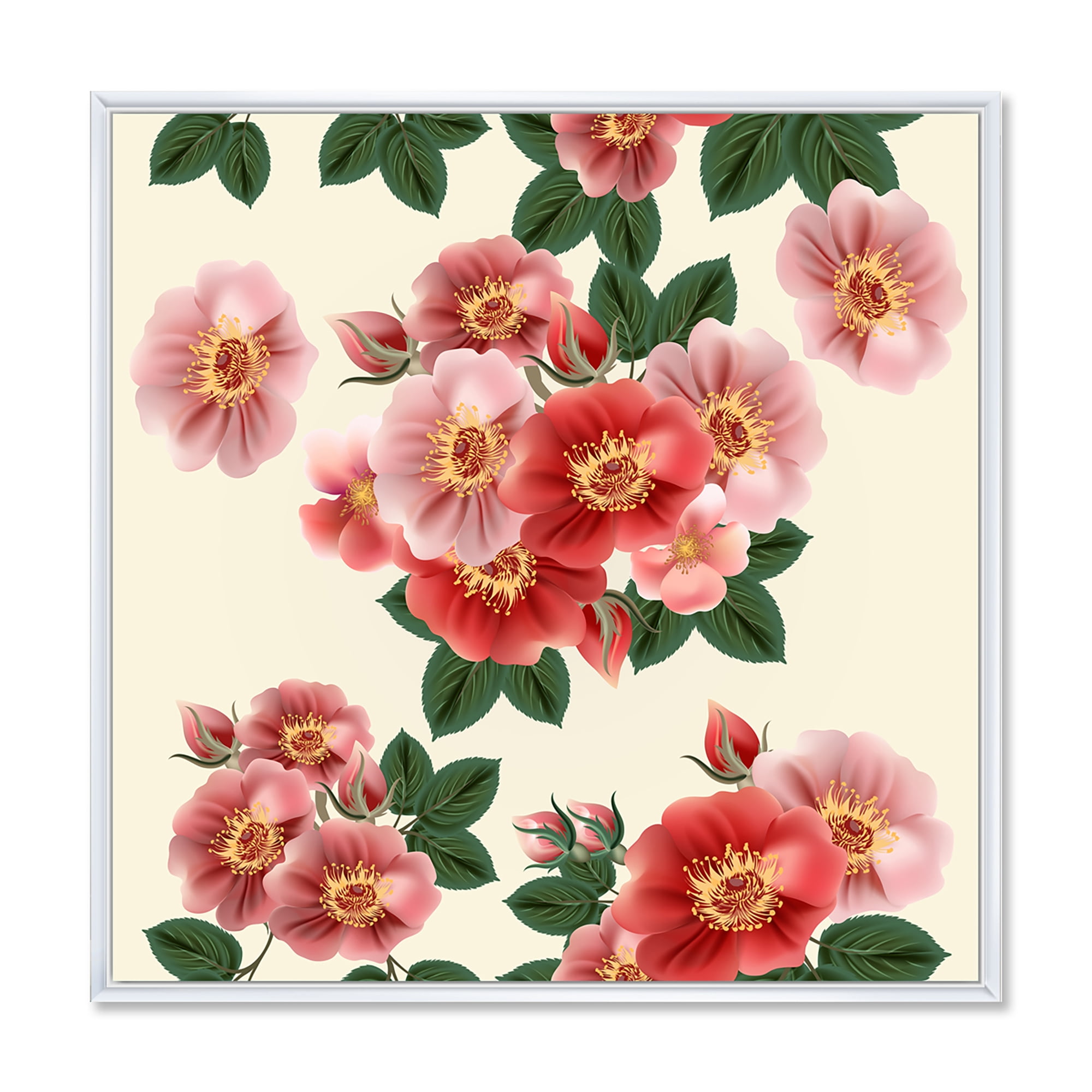 Ancient Red Roses 36 in x 36 in Framed Painting Canvas Art Print, by Designart