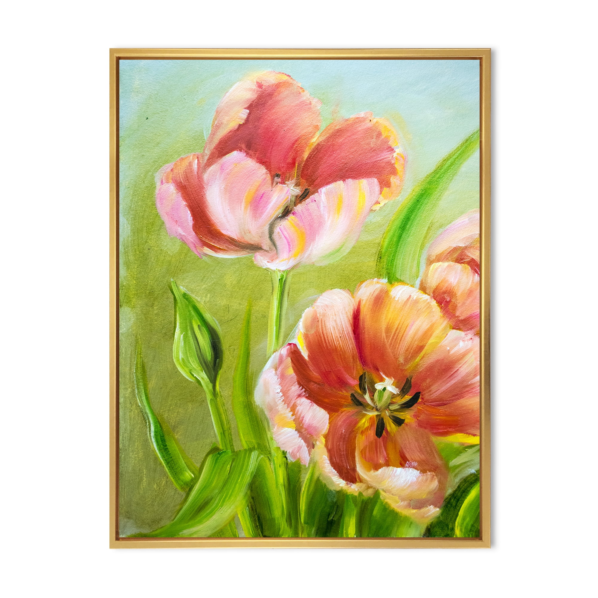 Ancient Red Tulips Flowers III 24 in x 32 in Framed Painting Canvas Art Print, by Designart