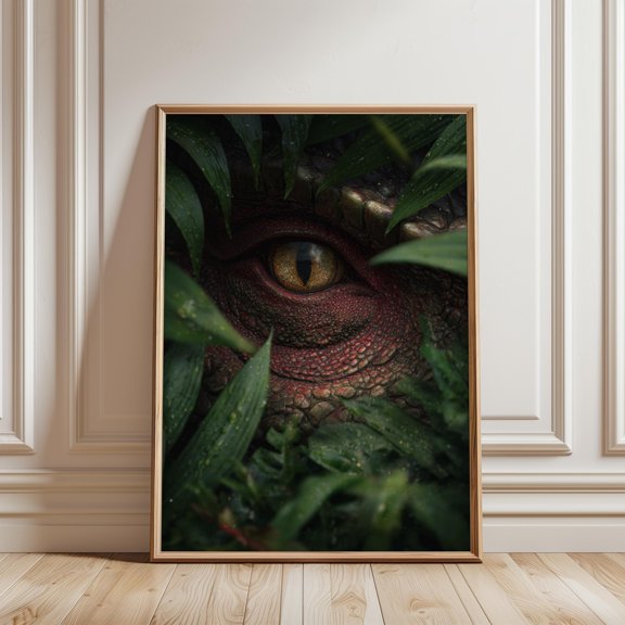 Ancient Reptile Eye Hidden Behind Tropical Jungle Foliage Dark Fantasy Wall Art Print Decor