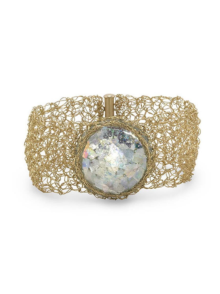Ancient Roman Glass Bracelet with Hand Woven Band 14k Gold-filled