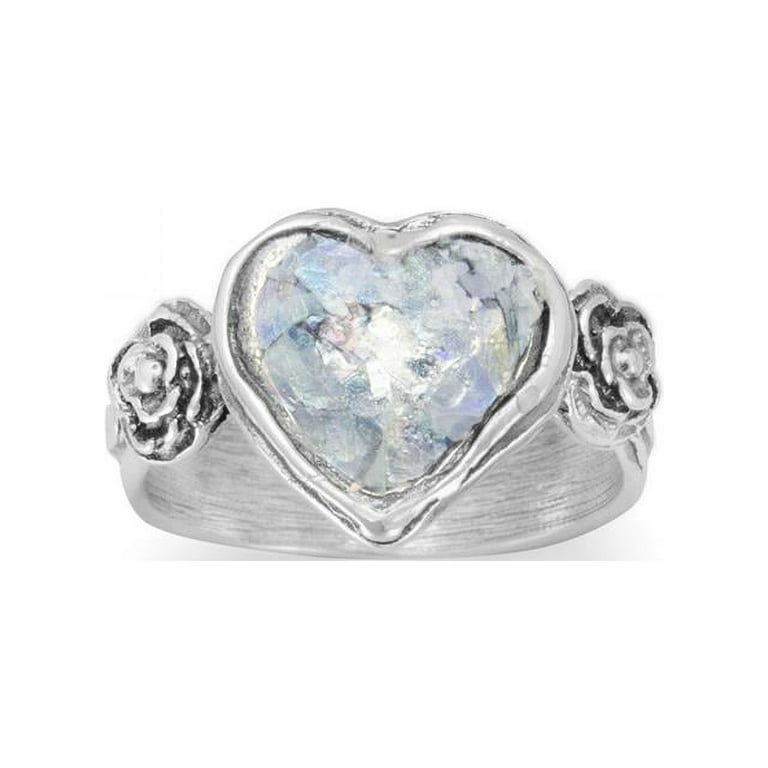 Ancient Roman Glass Ring Heart and Flower Design Sterling Silver Ancient Roman Glass Ring Heart and Flower Design Sterling Silver