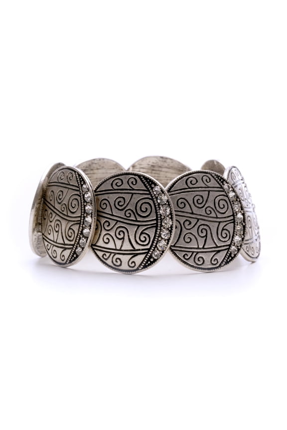 Vintage Style Crystal Stretch Bracelet with Ancient Rune Design - Silver Tone Fashion Jewelry Bracelet Silver
