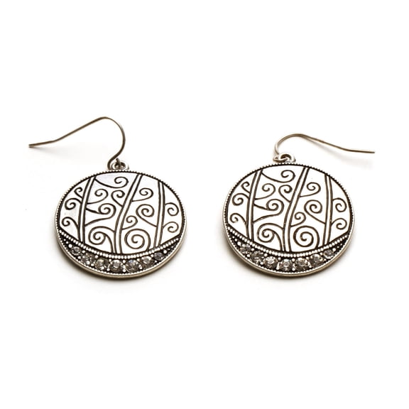 Vintage Style Crystal Disc Drop Earrings with Ancient Rune Design, Silver Tone Dangle Earrings Jewelry Silver