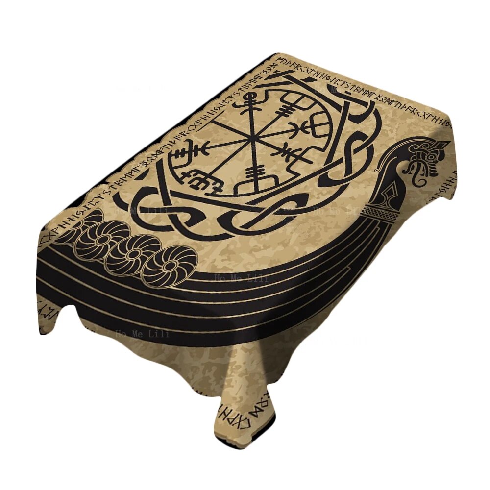 Ancient Scandinavian Pattern And Warship Of The Vikings Norse Runes Mythology Tablecloth By Ho