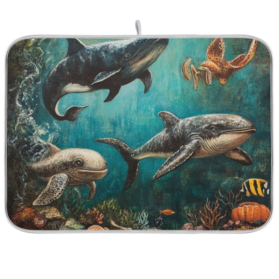 Ancient Sea Animals Dish Drying Mat Dish Drainer Rack Mats Water Absorbent Non-Slip Easy Clean Heat Resistant for Kitchen Counter