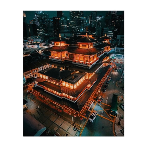 Ancient Serenity Amidst the Modern Skyline - Singapore Photography Nightlife Cityscape Architecture Skyline Buddha Travel Poster Neon Sign Unframed Wall Art Print 24 x 30 inches