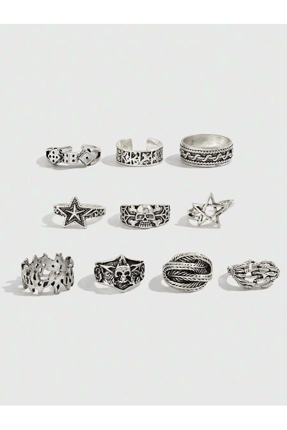 Ancient Silver 10-Piece Gothic Punk Ring Set: Skull, Star, Dice, Feather & Geometric Open Rings for Women