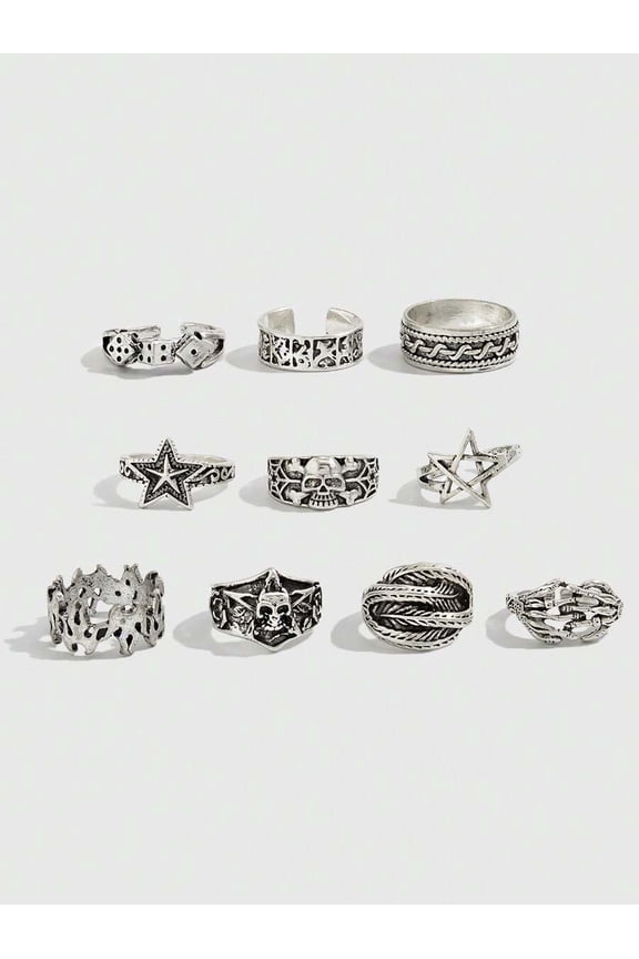 Ancient Silver - 10pcs Goth Punk Style Adjustable Rings Set With Skull Star Dice Feather Designs