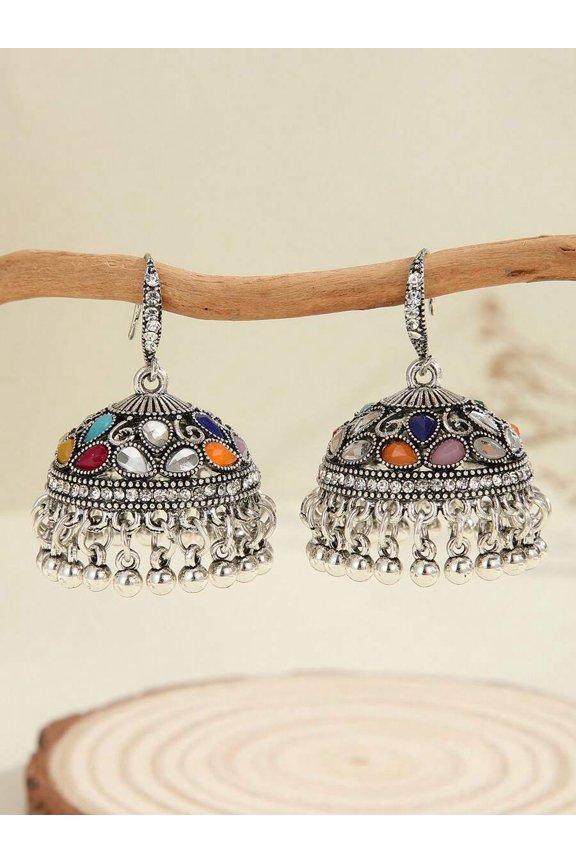 Ancient Silver Colorful Jhumka Earrings With Multistone Rhinestones And Bell Dangles